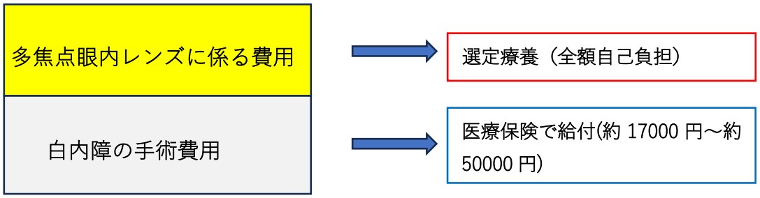 多焦点眼内レンズに関わる費用、選定療養(全額自己負担)。白内障の手術費用、医療保険で給付(約17,000~50,000円)